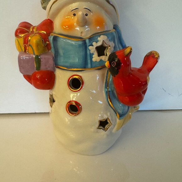 Christmas Snowman Cardinal Ceramic Lighted Figurine Gold Paint Highlights Gift - Picture 4 of 13